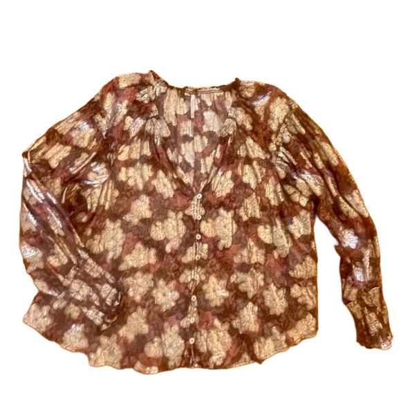 FREE PEOPLE Sheer bohemian oversized floral blouse small gold Anthropology EUC - Picture 7 of 9